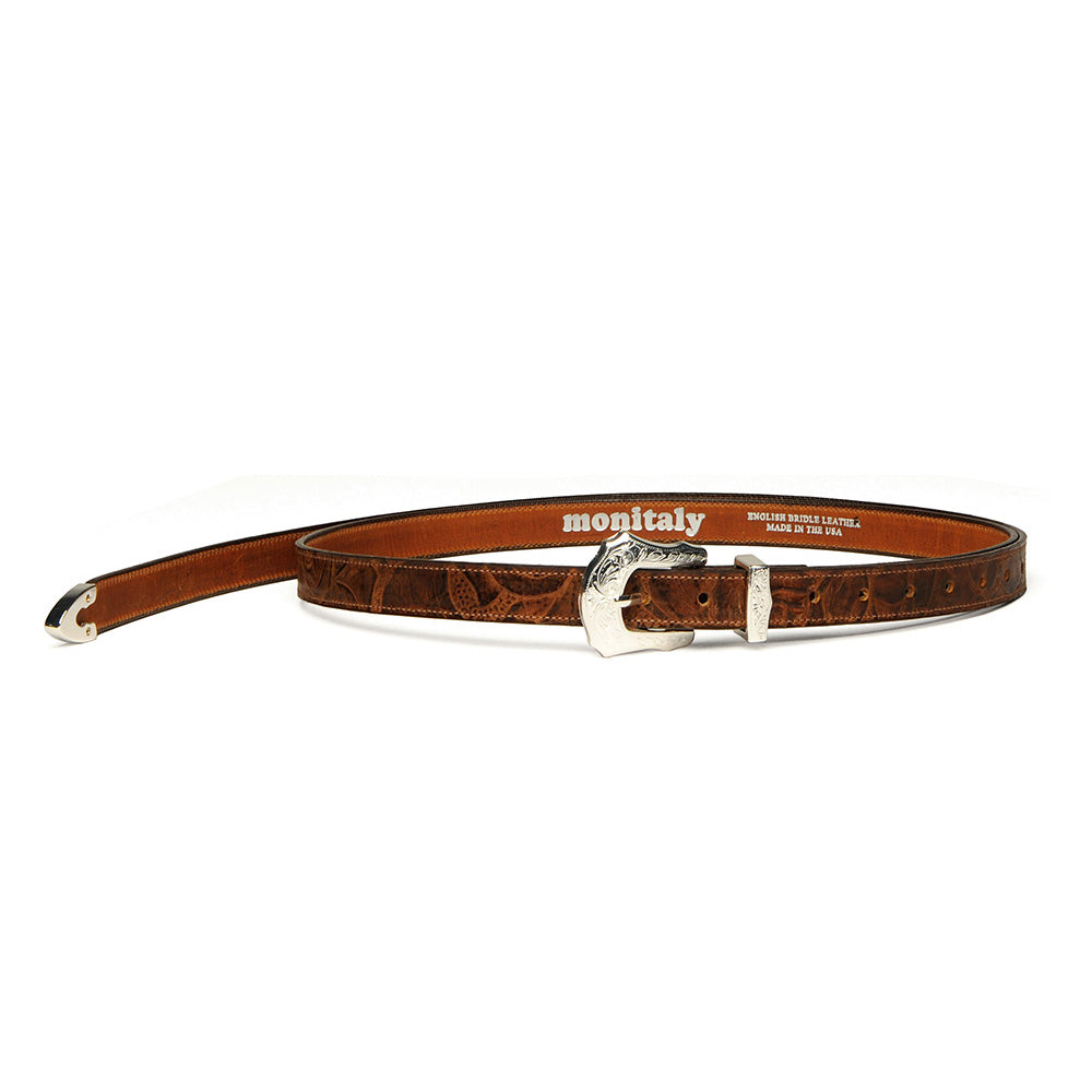 Extra Long Leather Belt with 3pc Buckle Set - Floral Med. Brown
